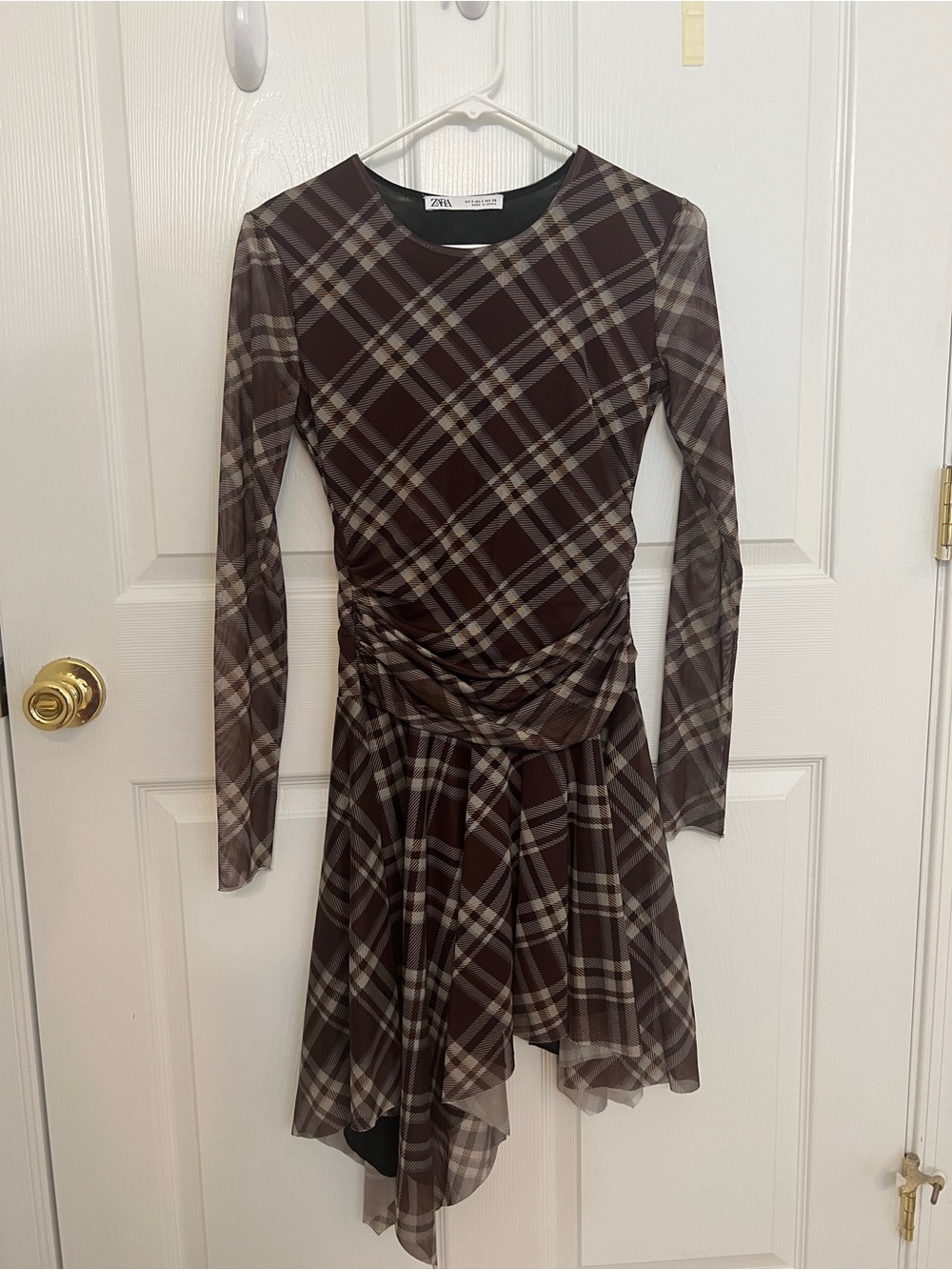 Zara Brown Plaid Long-Sleeve Asymmetric Hem Dress